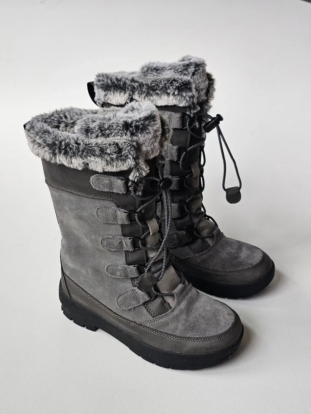 All In Motion Leather Upper Girls Gray Faux Fur Winter Snow Boots Size 1
